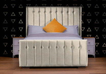 Vertical buttoned wingback bed